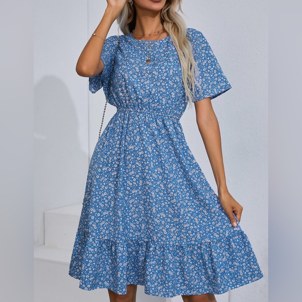 SHEIN Light Blue Daisy Print Floral Ruffle Hem Dress